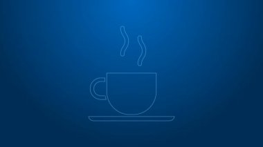 Beyaz çizgi kahve fincanı ikonu mavi arka planda izole edilmiş. Çay fincanı. Sıcak içecek kahvesi. 4K Video hareketli grafik canlandırması