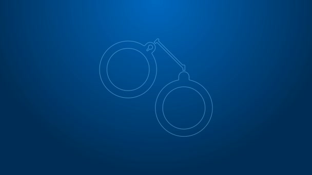 White line Handcuffs icon isolated on blue background. 4K Video motion graphic animation — Stock Video