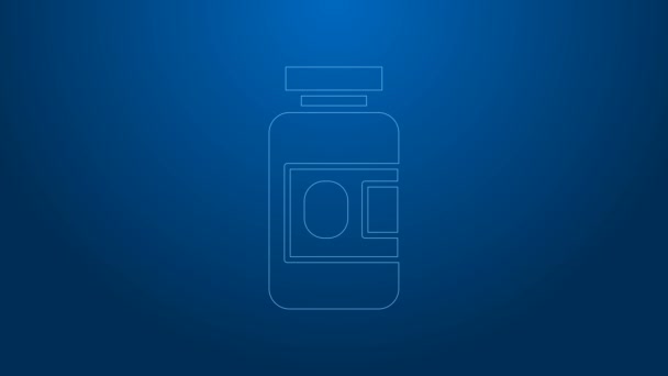白い線青い背景に隔離された薬のボトルと薬のアイコン。瓶の丸薬のサイン。薬局の設計。4Kビデオモーショングラフィックアニメーション — ストック動画