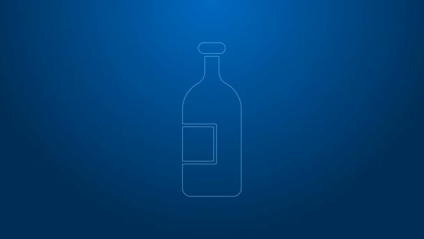 白ラインアルコール飲料ボトルのアイコンは青の背景に隔離されています。4Kビデオモーショングラフィックアニメーション — ストック動画