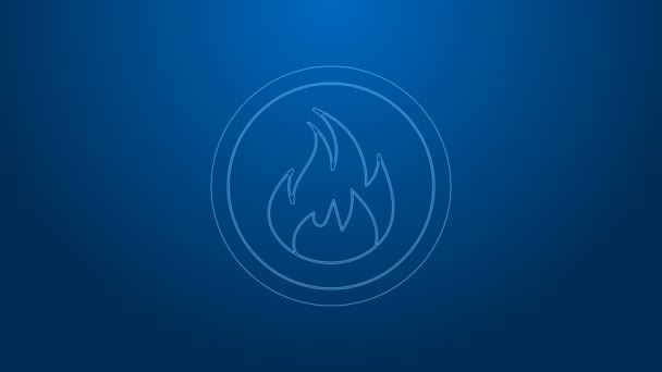 Linea bianca Icona fiamma di fuoco isolata su sfondo blu. Animazione grafica 4K Video motion — Video Stock