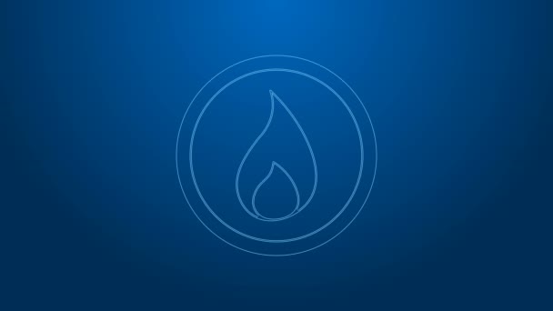 Línea blanca Icono de llama de fuego aislado sobre fondo azul. Animación gráfica de vídeo 4K — Vídeos de Stock