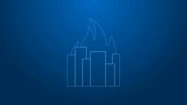 White line Fire in burning buildings on city street icon isolated on blue background. Destroyed city on fire. 4K Video motion graphic animation — Stock Video