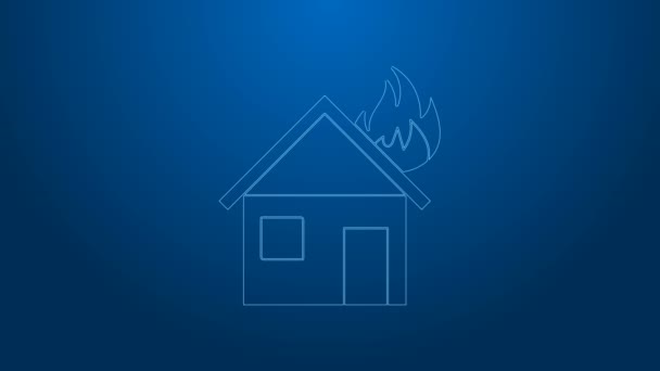 White line Fire in burning house icon isolated on blue background. 4K Video motion graphic animation — Stock Video