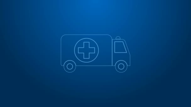 White line Ambulance and emergency car icon isolated on blue background. Ambulance vehicle medical evacuation. 4K Video motion graphic animation — Stock Video