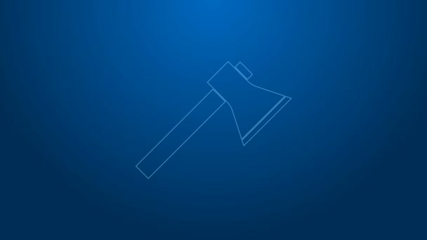 White line Firefighter axe icon isolated on blue background. Fire axe. 4K Video motion graphic animation — Stock Video