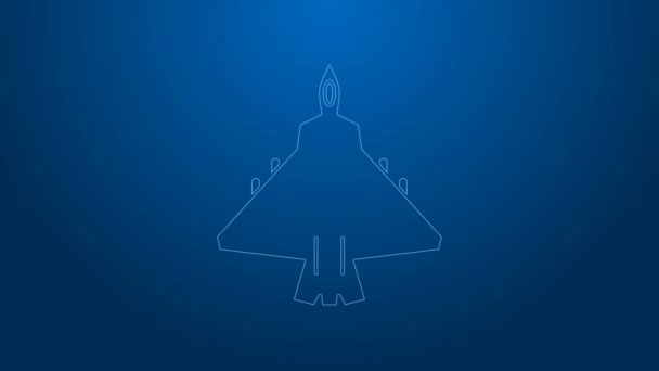 Witte lijn Jet fighter icoon geïsoleerd op blauwe achtergrond. Militaire vliegtuigen. 4K Video motion grafische animatie — Stockvideo
