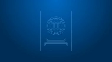 Mavi arka planda biyometrik veri simgesine sahip beyaz çizgi pasaportu. Kimlik Belgesi. 4K Video hareketli grafik canlandırması
