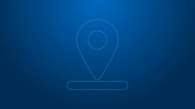 Mavi arkaplanda beyaz çizgi haritası simgesi izole edildi. Navigasyon, işaret, konum, harita, GPS, yön, yer, pusula, arama konsepti. 4K Video hareketli grafik canlandırması