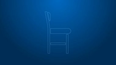 Mavi arka planda beyaz çizgi sandalye simgesi izole edildi. 4K Video hareketli grafik canlandırması