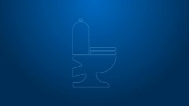 Beyaz çizgi tuvalet klozeti ikonu mavi arka planda izole edilmiş. 4K Video hareketli grafik canlandırması
