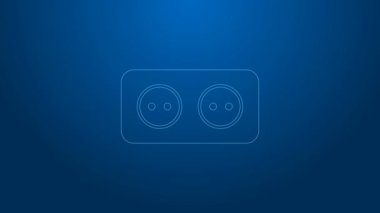 Beyaz çizgi elektrik çıkış simgesi mavi arkaplanda izole edildi. Elektrik prizi. Rosette sembolü. 4K Video hareketli grafik canlandırması