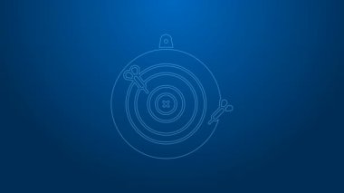 Beyaz çizgi klasik dart tahtası ve ok simgesi mavi arkaplanda izole edildi. Dartboard işareti. Oyun konsepti. 4K Video hareketli grafik canlandırması