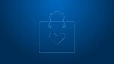 Mavi arka planda kalp ikonu olan beyaz çizgili alışveriş torbası. Alışveriş torbası sevgisi kalp ikonu gibidir. Sevgililer Günü sembolü. 4K Video hareketli grafik canlandırması