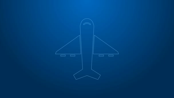Значок Белой линии плоскости выделен на синем фоне. Икона летающего самолета. Вывеска авиалайнера. Видеографическая анимация 4K — стоковое видео