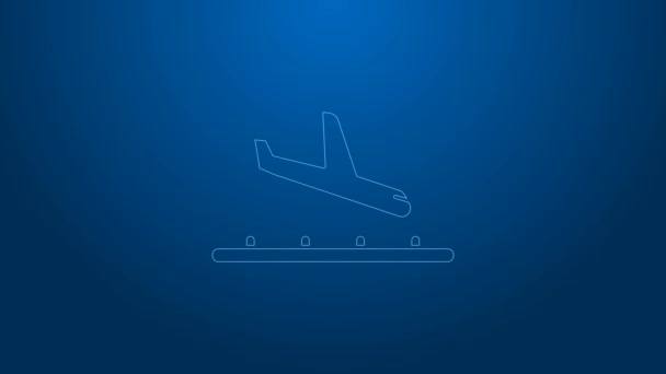 Línea blanca Icono de aterrizaje plano aislado sobre fondo azul. Símbolo de transporte aéreo. Animación gráfica de vídeo 4K — Vídeo de stock