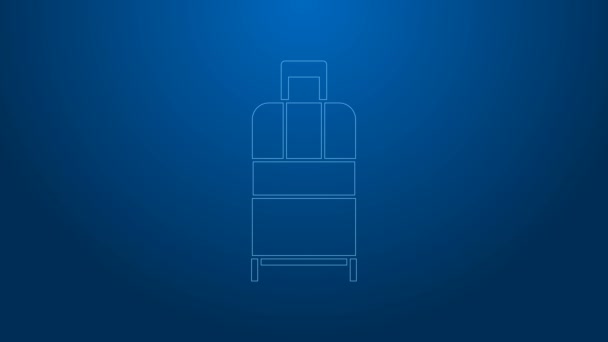 青の背景に隔離された旅行アイコンのための白い線のスーツケース。手荷物のサインだ。荷物アイコンを移動します。4Kビデオモーショングラフィックアニメーション — ストック動画