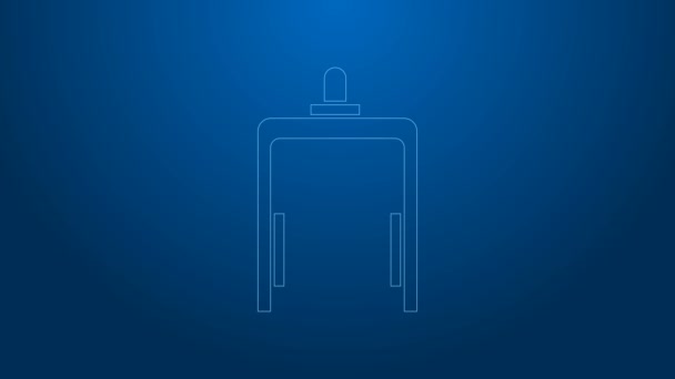 Weiße Linie Metalldetektor in Flughafen-Symbol isoliert auf blauem Hintergrund. Flughafen-Sicherheitsmann an einem Kontrollpunkt für Metalldetektoren. 4K Video Motion Grafik Animation — Stockvideo