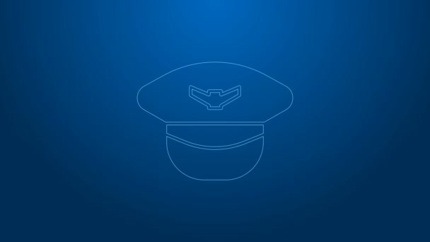 Weiße Linie Pilotenhut-Symbol isoliert auf blauem Hintergrund. 4K Video Motion Grafik Animation — Stockvideo