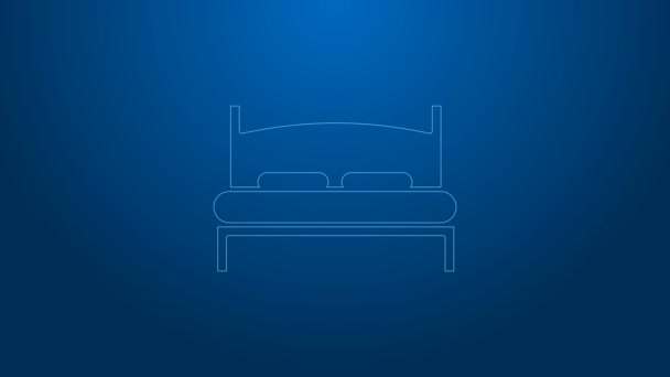 Біла лінія Велике ліжко для двох або однієї людини ізольовано на синьому фоні. 4K Відео рух графічна анімація — стокове відео