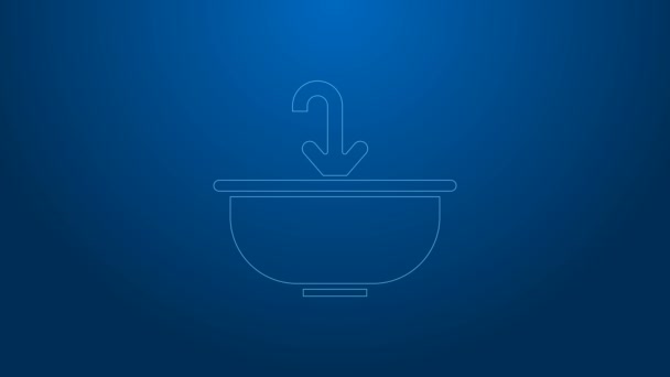 Weiße Linie Waschbecken mit Wasserhahn-Symbol isoliert auf blauem Hintergrund. 4K Video Motion Grafik Animation — Stockvideo