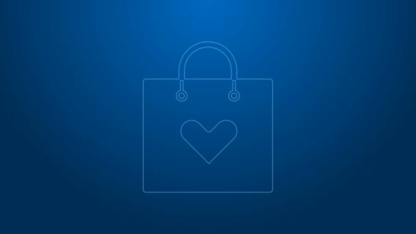 Línea blanca Bolsa de compras con icono del corazón aislado sobre fondo azul. Tienda de bolsas de compras amor como icono del corazón. Símbolo de San Valentín. Animación gráfica de vídeo 4K — Vídeo de stock