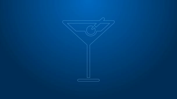 Mavi arka planda beyaz çizgi martini cam ikonu izole edildi. Kokteyl ikonu. Şarap kadehi ikonu. 4K Video hareketli grafik canlandırması — Stok video
