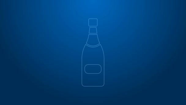Bílá čára Champagne láhev ikona izolované na modrém pozadí. Grafická animace pohybu videa 4K — Stock video