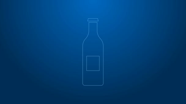 ブルーの背景に分離されたホワイトラインビールボトルアイコン。4Kビデオモーショングラフィックアニメーション — ストック動画