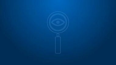 Mavi arka planda beyaz çizgi büyüteç simgesi izole edildi. Arama, odaklanma, yakınlaştırma, iş sembolü. 4K Video hareketli grafik canlandırması