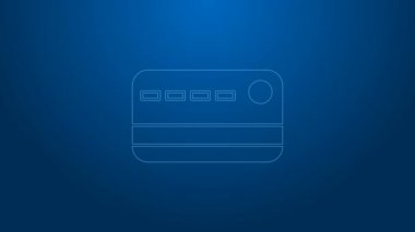 Beyaz çizgi kredi kartı simgesi mavi arkaplanda izole edildi. Çevrimiçi ödeme. Nakit çekilmesi. Finansal operasyonlar. Alışveriş tabelası. 4K Video hareketli grafik canlandırması