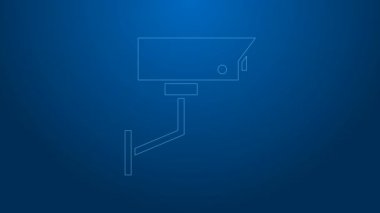 Beyaz çizgi güvenlik kamerası ikonu mavi arkaplanda izole edildi. 4K Video hareketli grafik canlandırması
