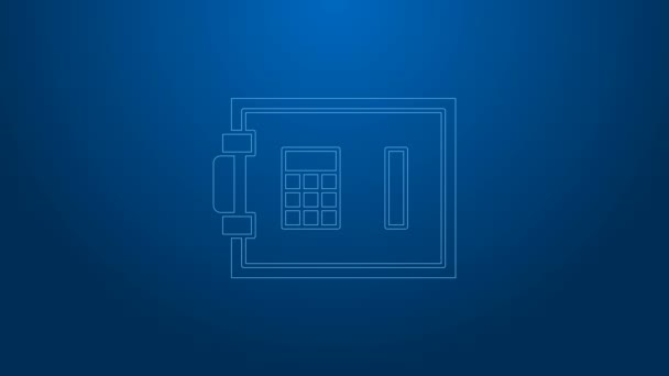 Biała linia Bezpieczna ikona odizolowana na niebieskim tle. Drzwi zabezpieczają skarbiec bankowy z zamkiem szyfrowym. Niezawodna ochrona danych. 4K Animacja graficzna ruchu wideo — Wideo stockowe