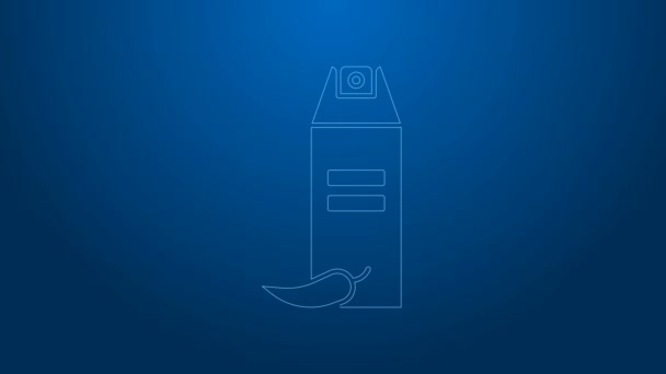 Línea blanca Icono de spray de pimienta aislado sobre fondo azul. Gas OC. Aerosol de autodefensa Capsicum. Animación gráfica de vídeo 4K — Vídeos de Stock