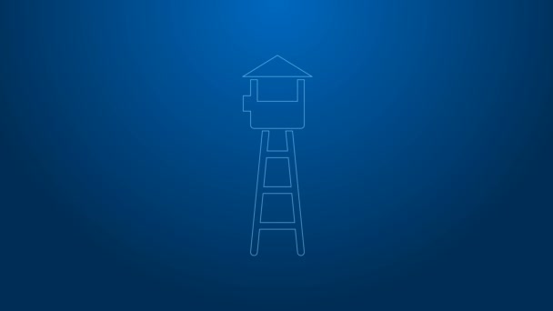 Иконка белой линии Сторожевой башни на синем фоне. Тюремная башня, КПП, охраняемая территория, государственная граница, военная база. Видеографическая анимация 4K — стоковое видео