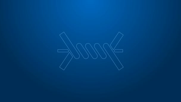 White line Barbed wire icon isolated on blue background. 4K Video motion graphic animation — Stock Video