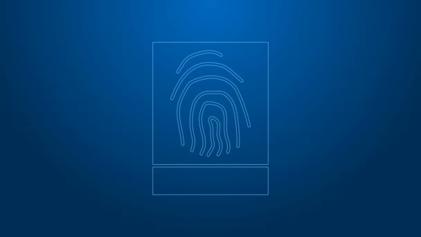 Línea blanca Icono de huella digital aislado sobre fondo azul. Icono de aplicación ID. Signo de identificación. Touch id. Animación gráfica de vídeo 4K — Vídeos de Stock