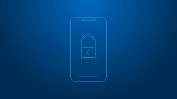 Ligne blanche Smartphone avec icône fermée cadenas isolé sur fond bleu. Téléphone avec serrure. Sécurité mobile, sécurité, concept de protection. Animation graphique de mouvement vidéo 4K — Video