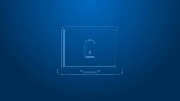 白线笔记本电脑和锁定图标隔离在蓝色背景.电脑和挂锁安保、安全、保护概念。安全的互联网。4K视频运动图形动画 — 图库视频影像