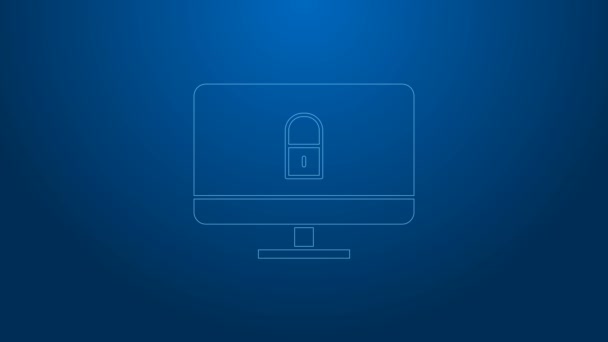 白线锁定在电脑显示器屏幕图标上,在蓝色背景下隔离.安保、安全、保护概念。安全的互联网。4K视频运动图形动画 — 图库视频影像