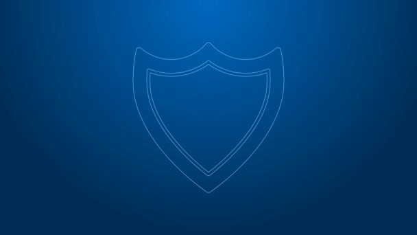 Icona White line Shield isolata su sfondo blu. Segno di guardia. Sicurezza, protezione, protezione, privacy. Animazione grafica 4K Video motion — Video Stock