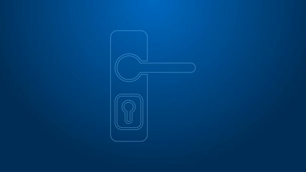 Línea blanca Icono de manija de puerta aislado sobre fondo azul. Señal de cerradura. Animación gráfica de vídeo 4K — Vídeos de Stock