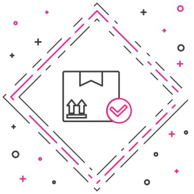 Beyaz arkaplanda işaretleme simgesi olan satır paket kutusu. Paket kutusu. Onaylanmış teslimat veya başarılı paket makbuzu. Renkli taslak konsepti. Vektör İllüstrasyonu.