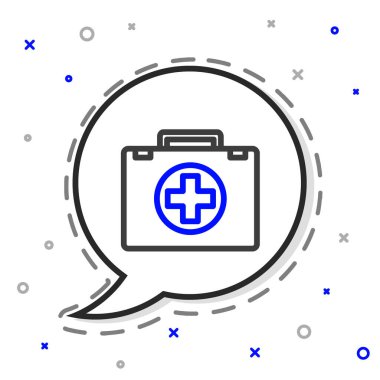 İlk yardım çantası simgesi beyaz arkaplanda izole edildi. Haçlı sağlık kutusu. Acil durumlar için tıbbi ekipman. Sağlık sigortası konsepti. Renkli taslak konsepti. Vektör İllüstrasyonu.