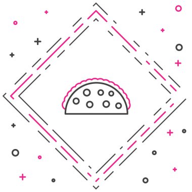 Beyaz arkaplanda tortilla simgesi olan Taco hattı izole edildi. Geleneksel Meksika fast food menüsü. Renkli taslak konsepti. Vektör İllüstrasyonu.