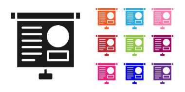 Grafik, çizelge, çizelge, diyagram, bilgi, turta grafik simgesi içeren siyah sunum tahtası beyaz arkaplanda izole edildi. Simgeleri renklendirin. Vektör İllüstrasyonu.