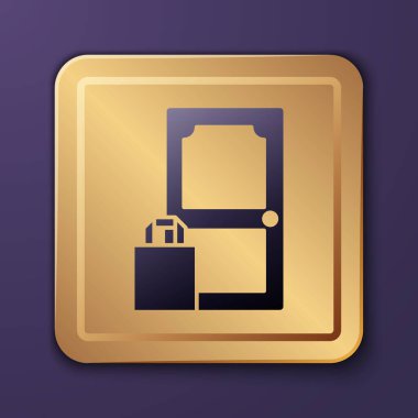 Mor Çevrimiçi sipariş ve fast food dağıtım ikonu mor arka planda izole edilmiş. Altın kare düğme. Vektör İllüstrasyonu.