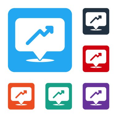 Beyaz Grafik, çizelge, grafik, diyagram, bilgi, beyaz arkaplanda izole edilmiş turta grafik simgesi. Renkli kare düğmelerle simgeleri ayarla. Vektör.