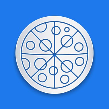 Kağıt kesiği Pizza simgesi mavi arkaplanda izole edilmiş. Fast food menüsü. Kağıt sanatı tarzı. Vektör.