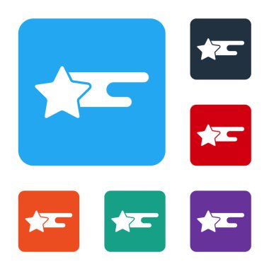 Beyaz arka planda beyaz yıldız ikonu izole edildi. Yıldız izi ile kayan yıldız. Göktaşı, göktaşı, kuyruklu yıldız, asteroid, yıldız ikonu. Renkli kare düğmelerle simgeleri ayarla. Vektör.